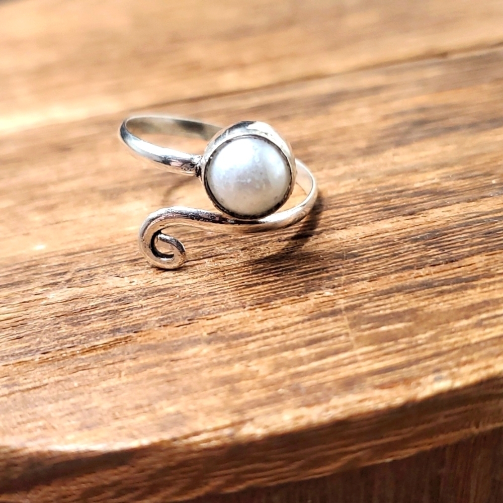 R745 white pearl sterling silver angel ring adjustable band